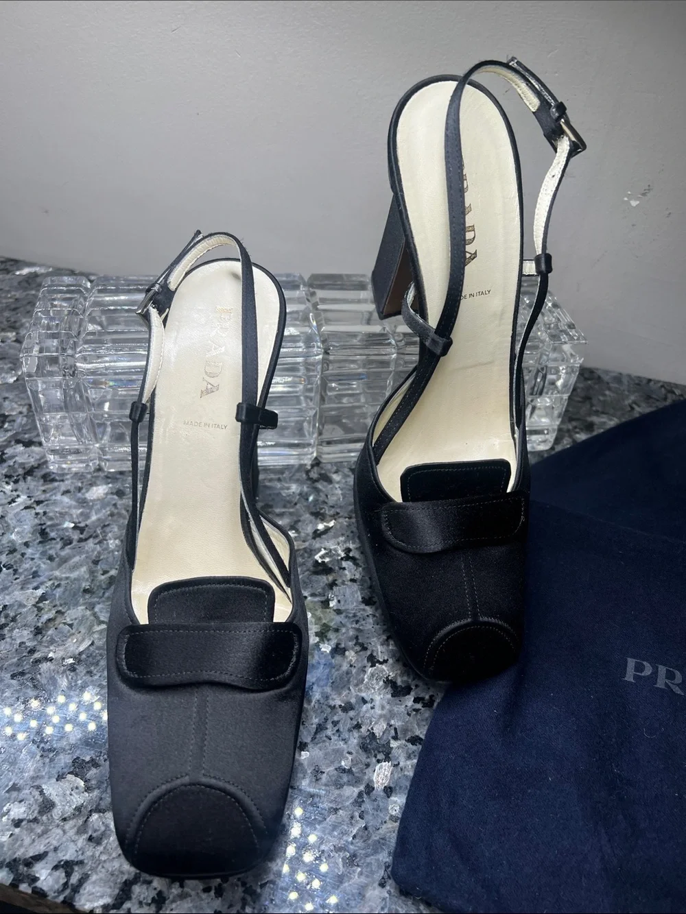 Prada Sz 38 Black Silk 4.5” Wrapped Block Heel Square Toe Heels Shoes